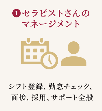 1.セラピストさんのマネージメント（シフト登録、勤怠チェック、面接、採用、サポート全般）